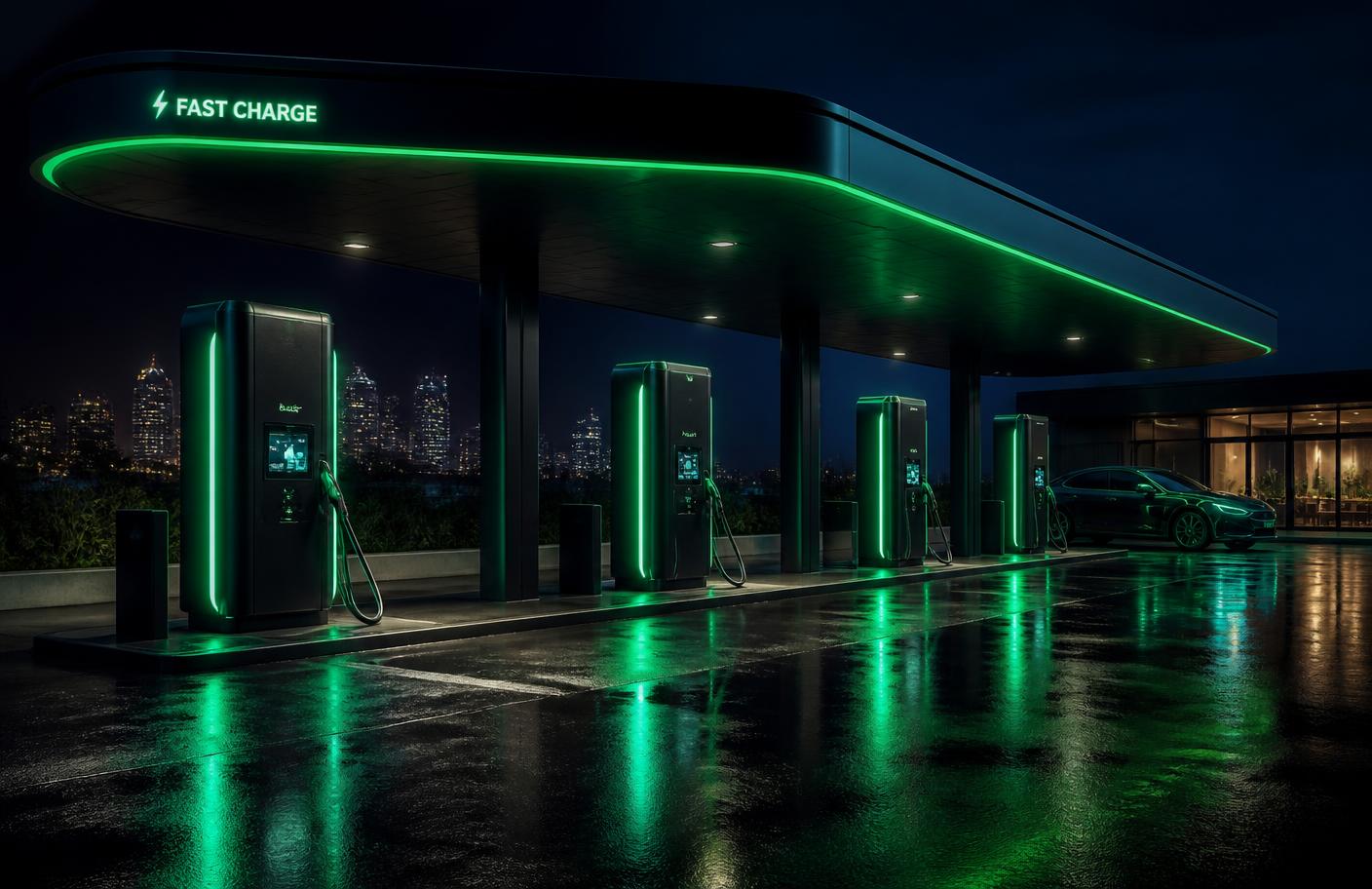 VoltGrid ultra-fast electric vehicle charging station at night